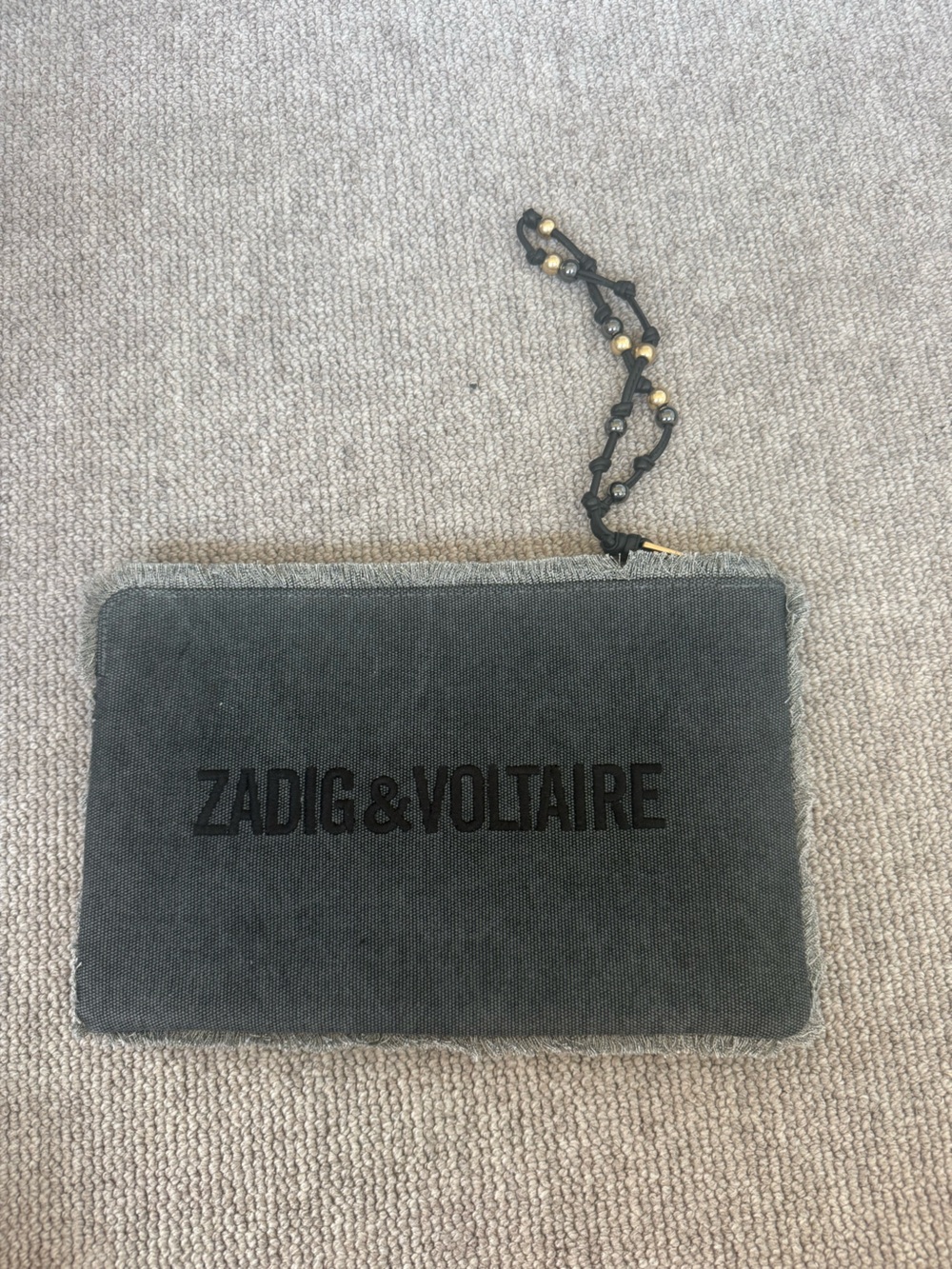 Zadig & Voltaire Dark Gray Canvas Wristlet with Beaded Strap